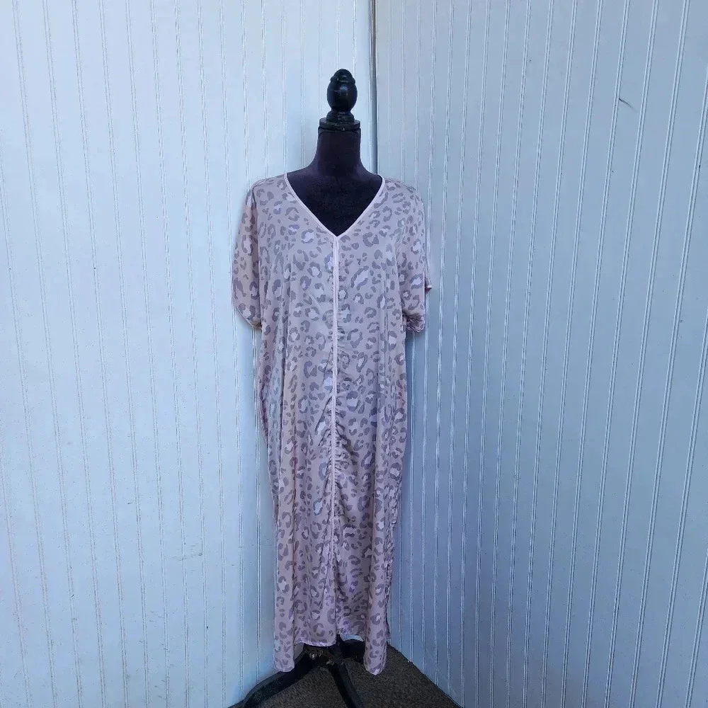 Kate Spade Panthera Cheetah Short Sleeve Midi Dress Pink Slip Tunic Satin Sz M